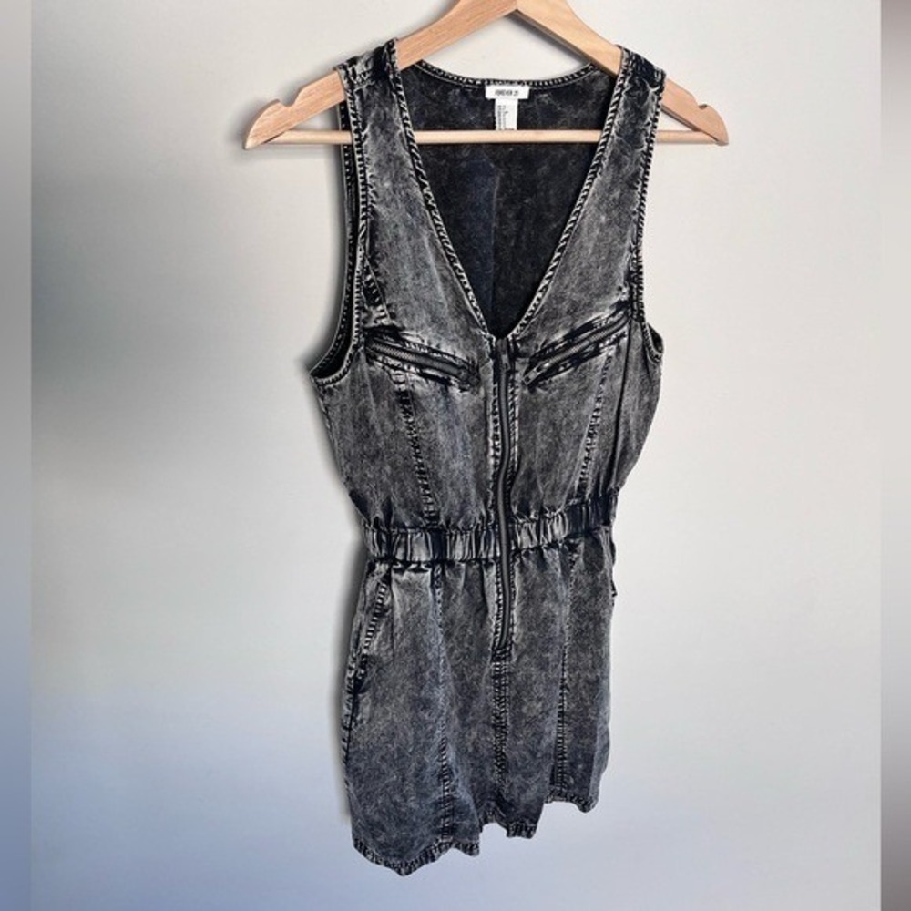 Forever 21 Acid Wash Denim Mini Dress Gray Sleeveless Zip Front 80s Style Small